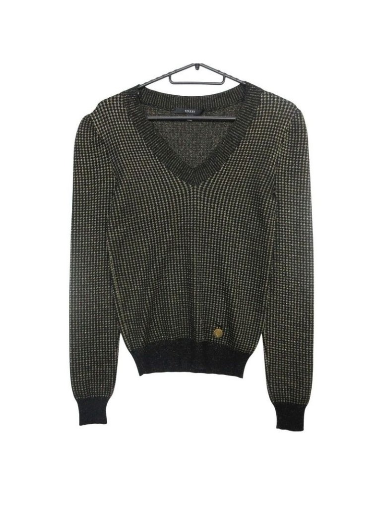 Gucci Logo Plate Jacquard Knit Sweater Pullover Top Long Sleeve Black Gold Xs